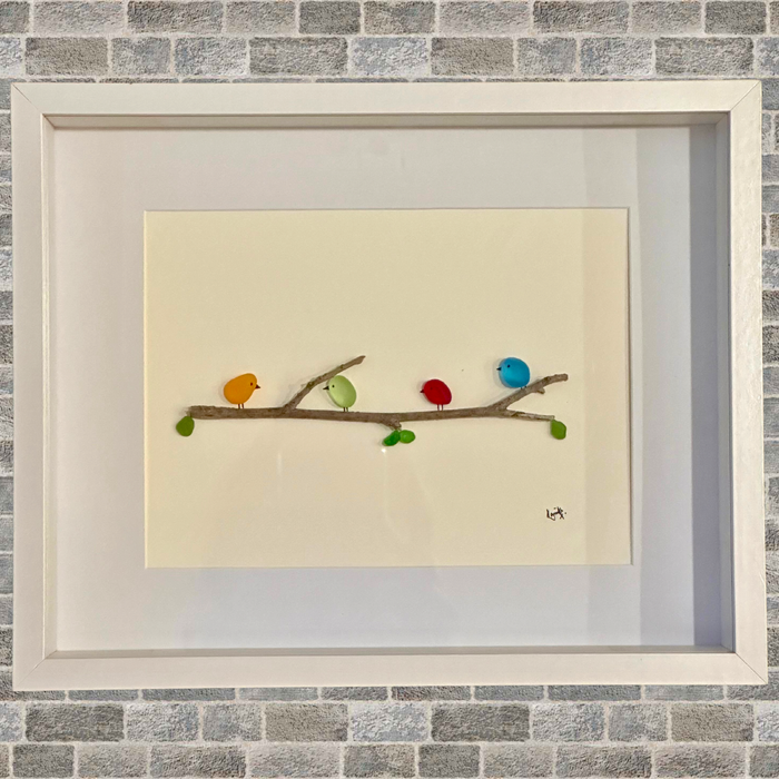 Family Birds Art, 3D Pebbles Tumbled Glass, Birds on Branch