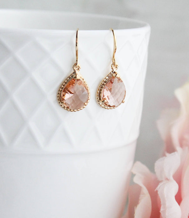 Glass Pear Drop Earrings - gold rope setting - Peach Blush