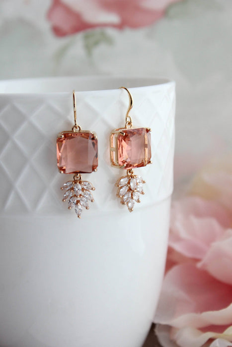 Art Deco Earrings | Square Jewel with Glass Leaf Drop
