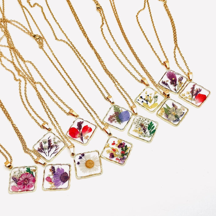 Floral Square Pendant Pressed Dried Flowers Necklace