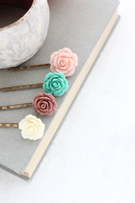 Floral Bobby pin - Teal, Dusty Rose and Blush