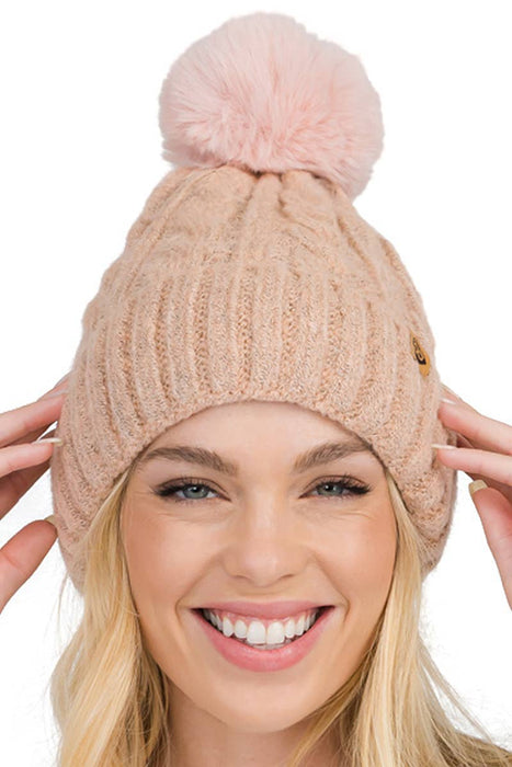 Variegated Cable Knitted Fuzzy Fleece Lined Beanie