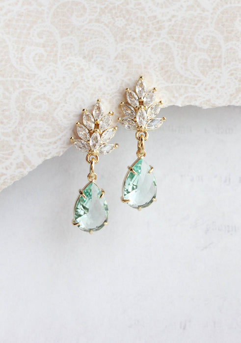 Glass Leaf Earrings | Rhinestone Studs | Gold
