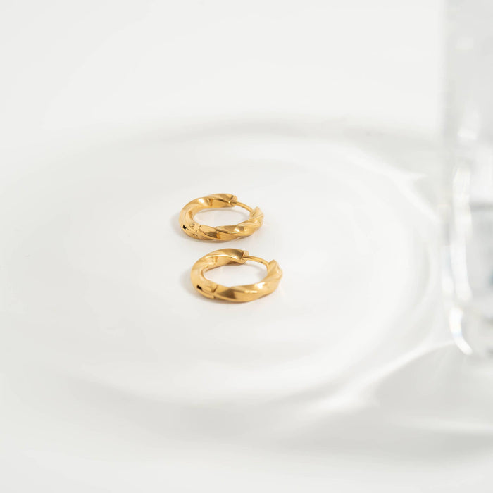 18K Gold PVD Stainless Steel Textured Twisted Huggie Hoop Earrings