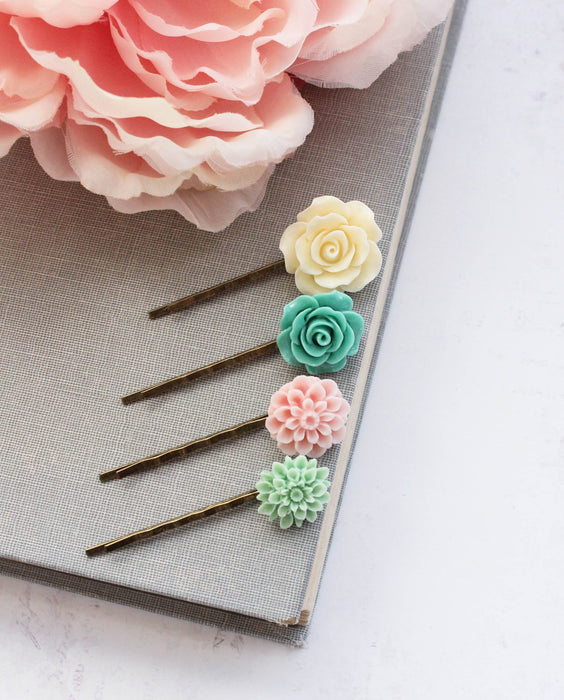 Floral Bobby Pins | Mint and Pastel Pink | Flower Hair Pins