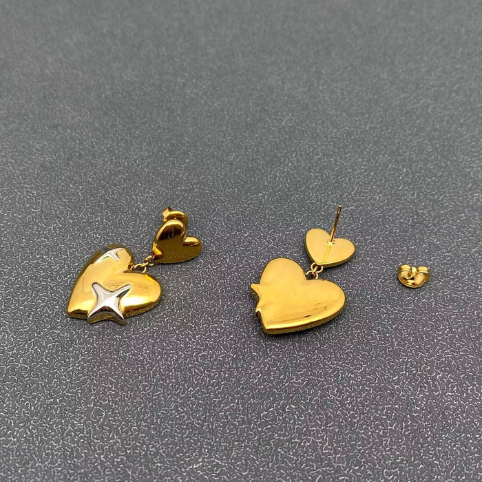 Two Tone Star Heart Charm 18K Golden S.Steel Earrings
