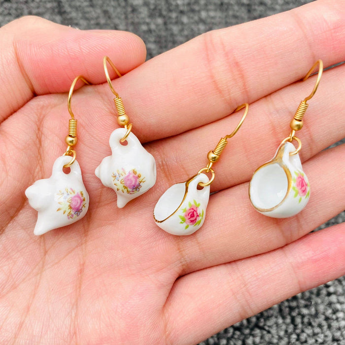 Pink flower Ceramic Teapot & Tea Cup Charm Dangle Earrings
