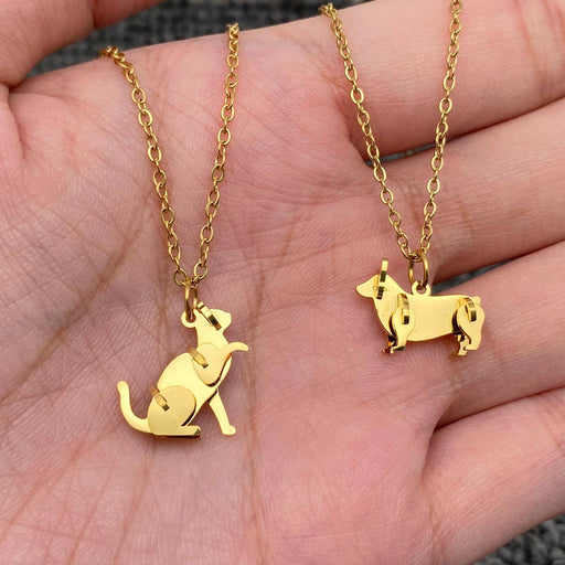 Mini Cat & Dog Charm 18K Gold Plated Steel Necklace - FGS