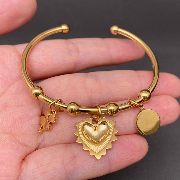 18K Gold Plated Stainless Steel Lucky Heart Charm Cuff - FGS
