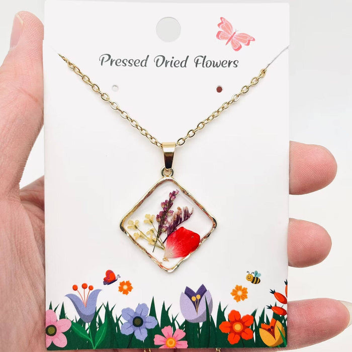 Floral Square Pendant Pressed Dried Flowers Necklace