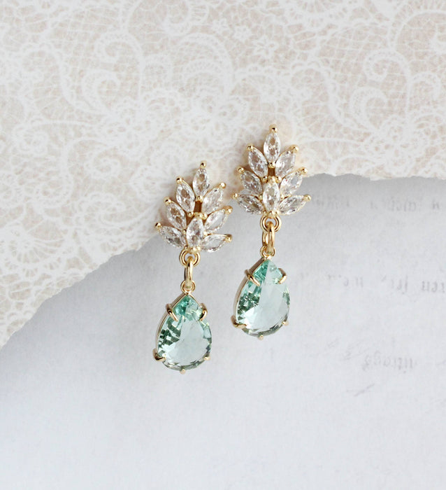 Glass Leaf Earrings | Rhinestone Studs | Gold