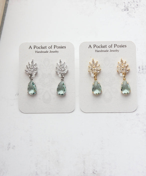 Glass Leaf Earrings | Rhinestone Studs | Gold