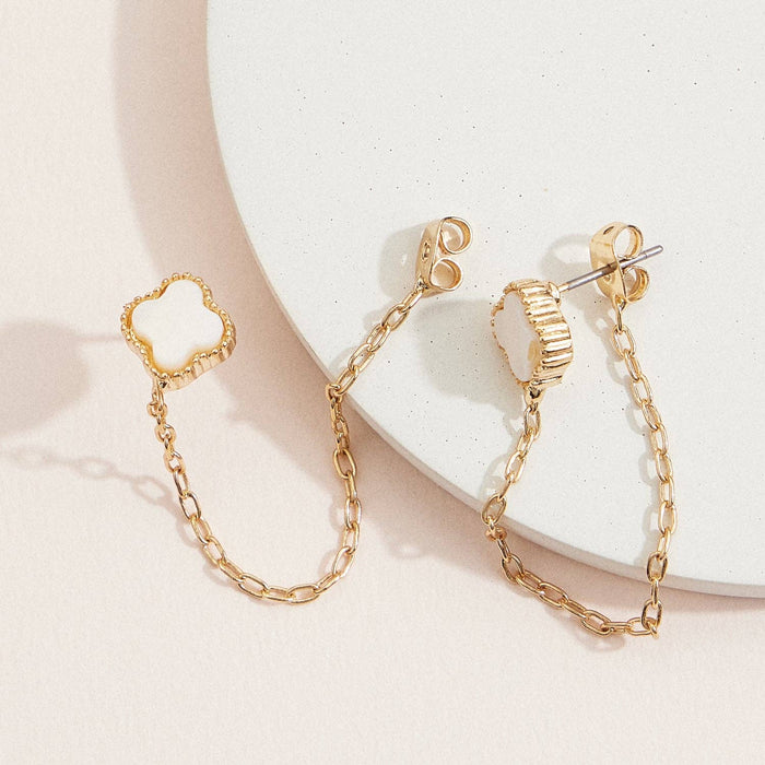 Mother of Pearl Clover Dangle Earrings with Gold Accents