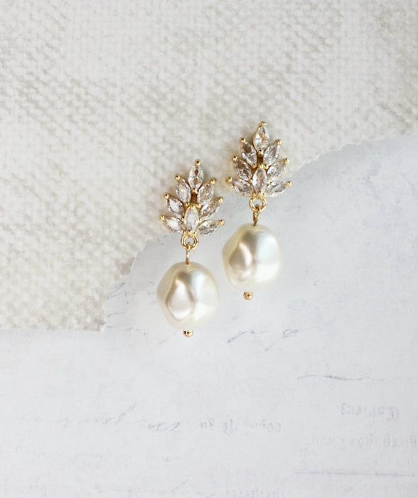 Glass Leaf Post Earrings | Baroque Pearl | Gold or Silver