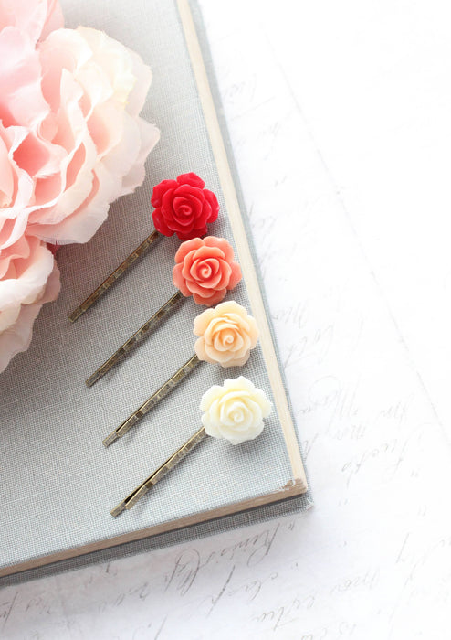 Flower Hair Pins | Ombre Set | Red Coral and Peach Roses