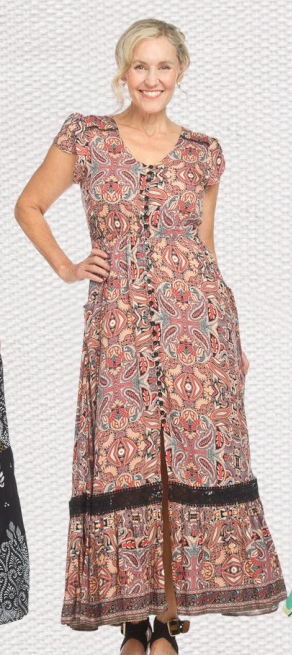 Brown FLORAL SHORT SLEEVE MAXI DRESS