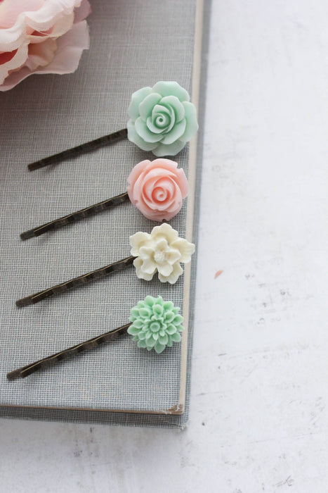 Flower Bobby Pins | Pastel Pink and Mint | Floral Hair Pins