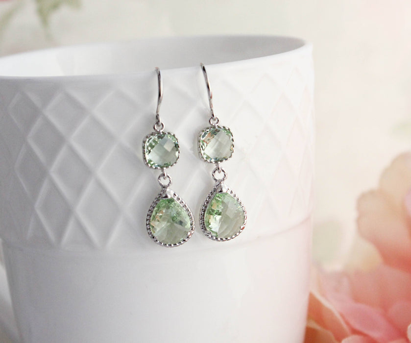 Light Green Glass Dangle Earrings | Two Jewel Teardrop