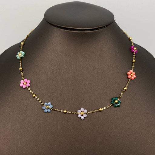 7 Color Glass Beaded Flowers 18K Gold Plated SS Necklace-FGS