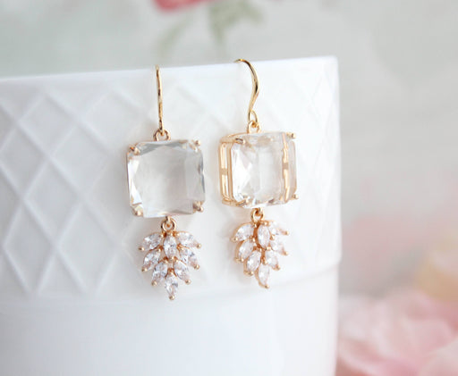 Art Deco Earrings | Square Jewel with Glass Leaf Drop