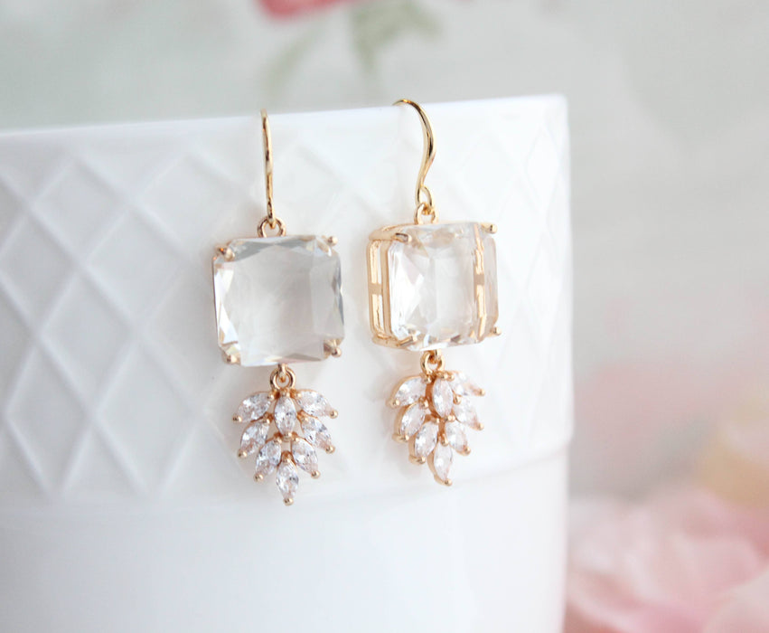 Art Deco Earrings | Square Jewel with Glass Leaf Drop