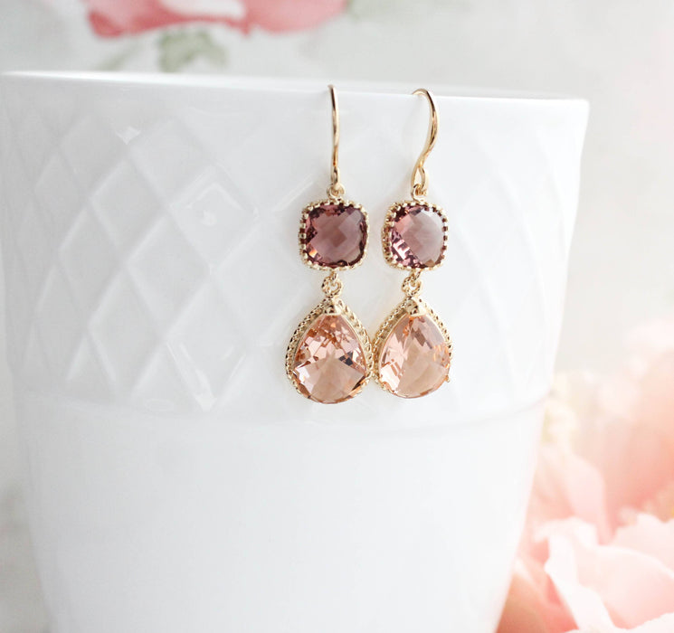 Peach Glass Earrings | Modern Earrings | Dusty Plum Teardrop