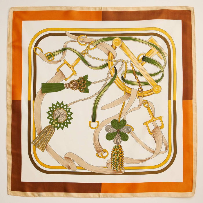 Equestrian-Inspired Silk Square Scarf with Buckle & Tassel