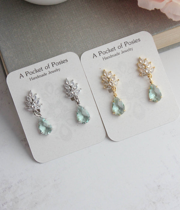 Glass Leaf Earrings | Rhinestone Studs | Gold