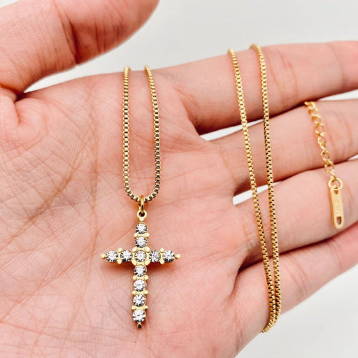 Stainless Steel Inlaid Zircon Cross Pendant Necklace - FGS