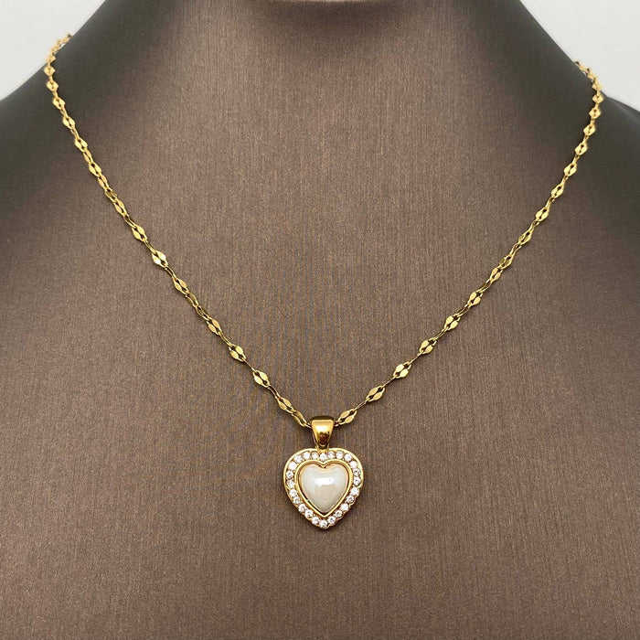 FGS - Enamel Heart 18K Golden Steel charm Inlaid CZ Necklace