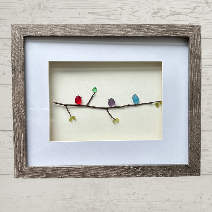 Family Birds Art, 3D Pebbles Tumbled Glass, Birds on Branch