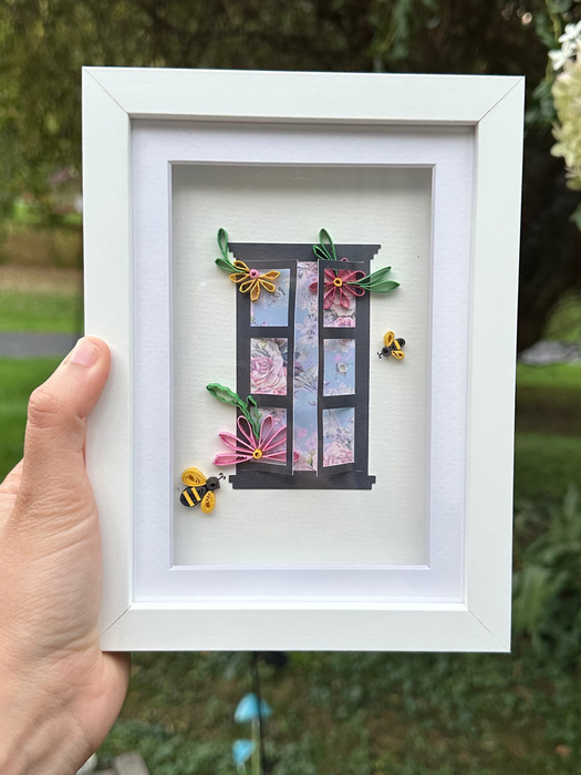 Handmade Quilled Paper Art: Window with Flowers & Bees (5x7)