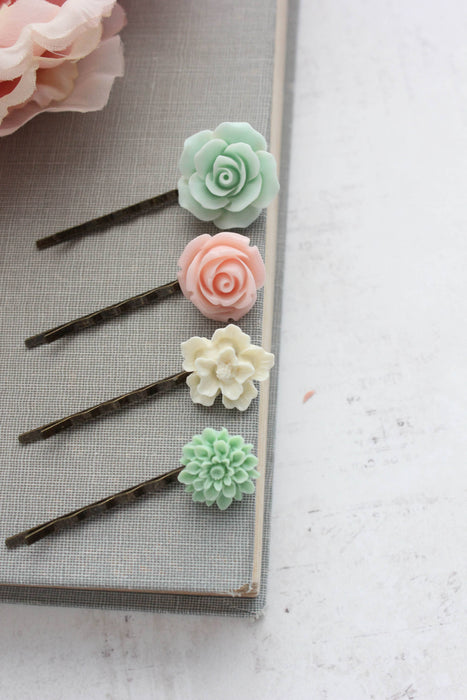 Flower Bobby Pins | Pastel Pink and Mint | Floral Hair Pins