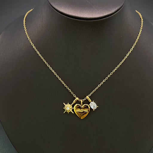 Star & Mom Heart Charm 18K Gold Plated Necklace - FGS