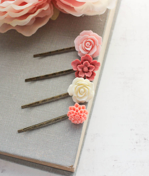 Flower Bobby Pins Set | Shades of Pink and Coral | Pink Rose