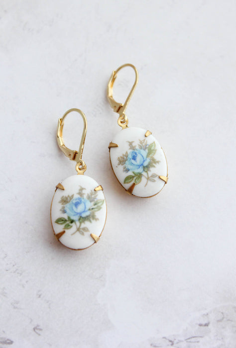 Blue Rose Cameo Earrings