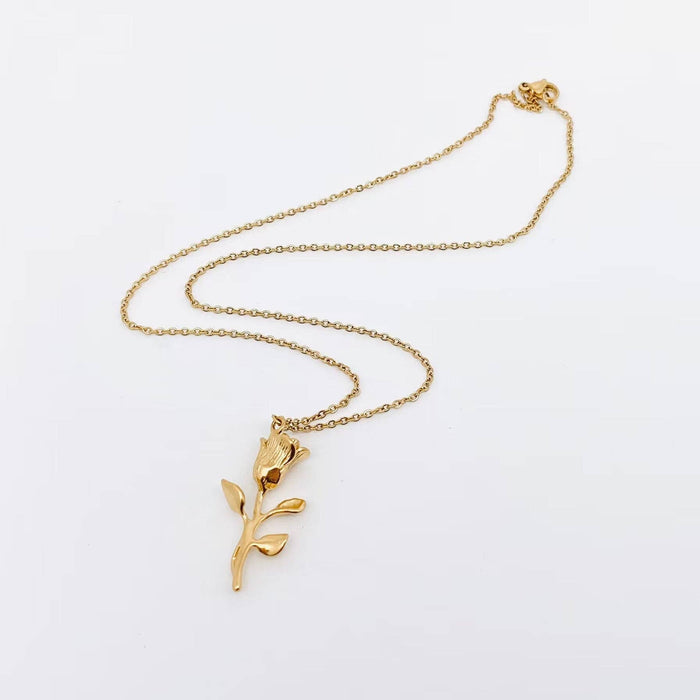 18K Gold Plated Stainless Steel Rose Pendant Necklace - FGS
