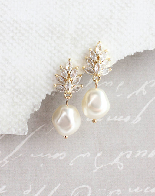 Glass Leaf Post Earrings | Baroque Pearl | Gold or Silver