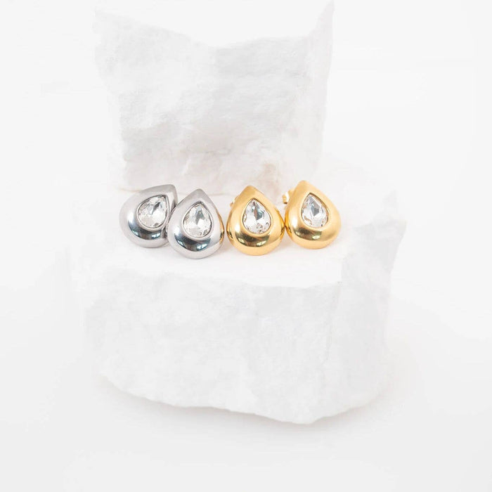 18K Gold Stainless Steel Clear Stone Tear Drop Stud Earrings
