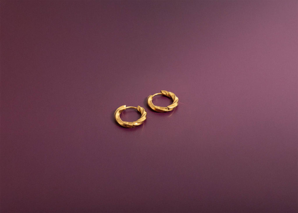 18K Gold PVD Stainless Steel Textured Twisted Huggie Hoop Earrings