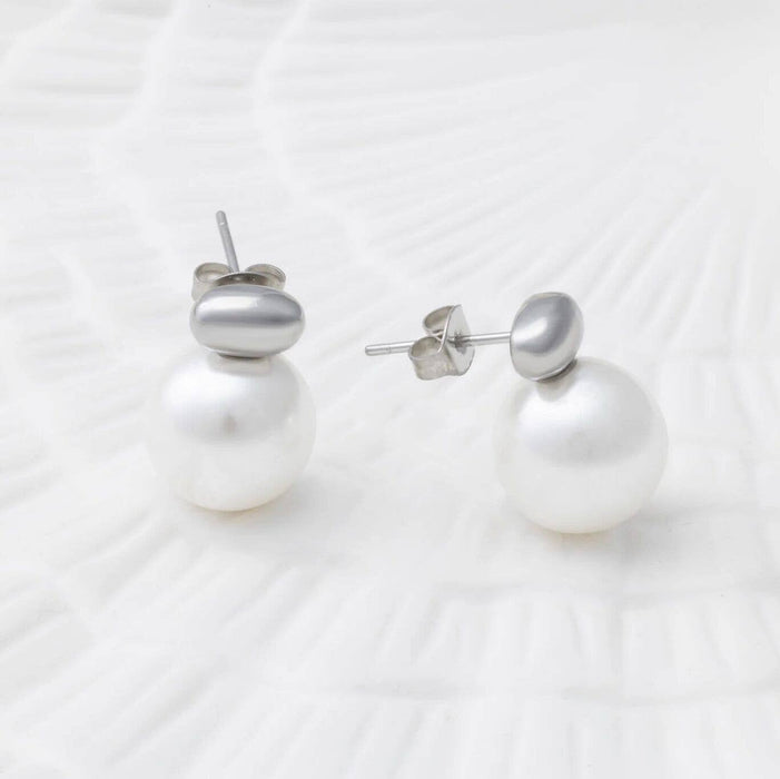 18K Gold PVD Stainless Steel 12mm glass Pearl Stud Earrings