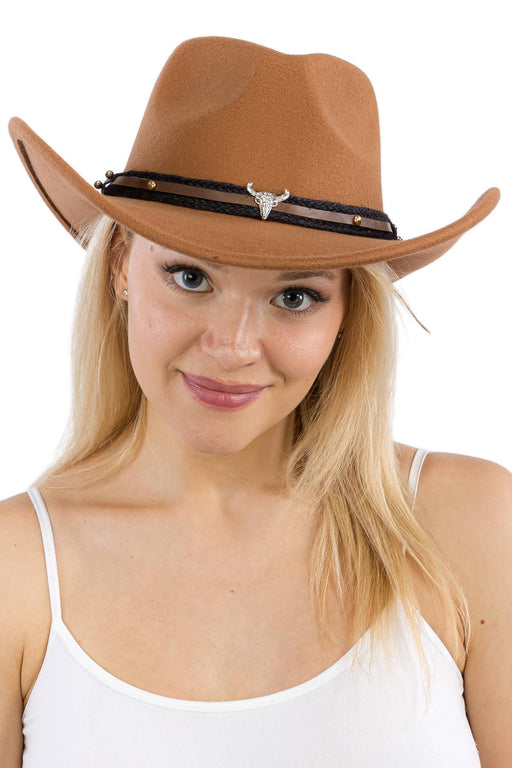 Buffalo Skull Belt Tycoon Retro Faux Wool Felt Cowboy Hat
