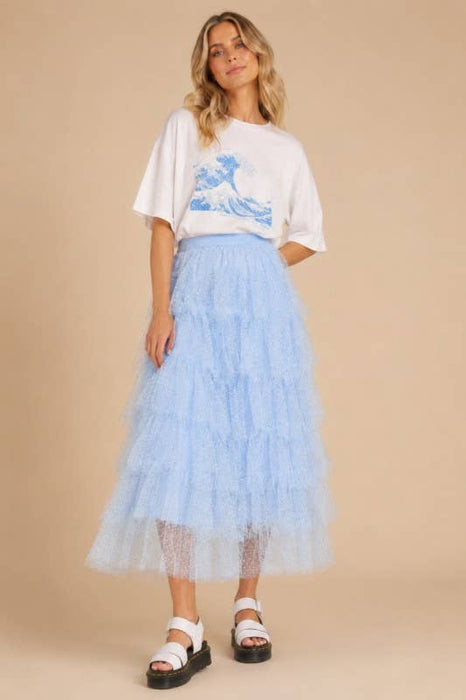 TIERED TULLE MESH MAXI-MIDI SKIRT