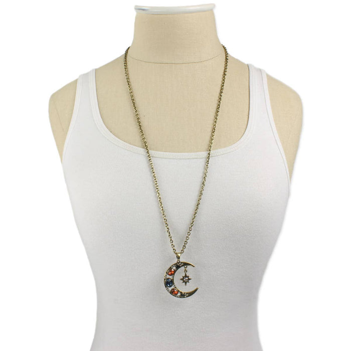 Jeweled Moon & Star Long Necklace