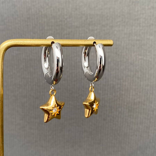 CZ Inlaid Star Two Tone 18K Golden SS Huggie Earrings-FGS/MS