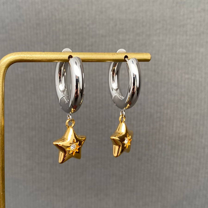 CZ Inlaid Star Two Tone 18K Golden SS Huggie Earrings-FGS/MS