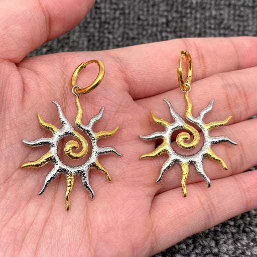 Two Tone Vortex Sun 18L Golden SS Huggie Earrings - FGS/MS