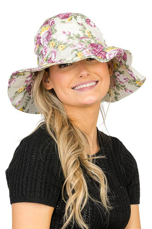Flower Design Bucket Style Big Brim Both-Side Sun Hat
