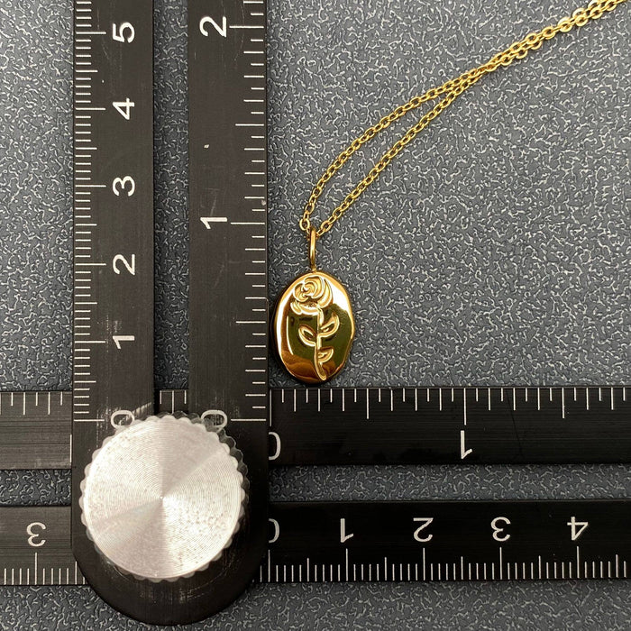 Rose 18K Gold Plated Stainless Steel Oval Charm Necklace-FGS