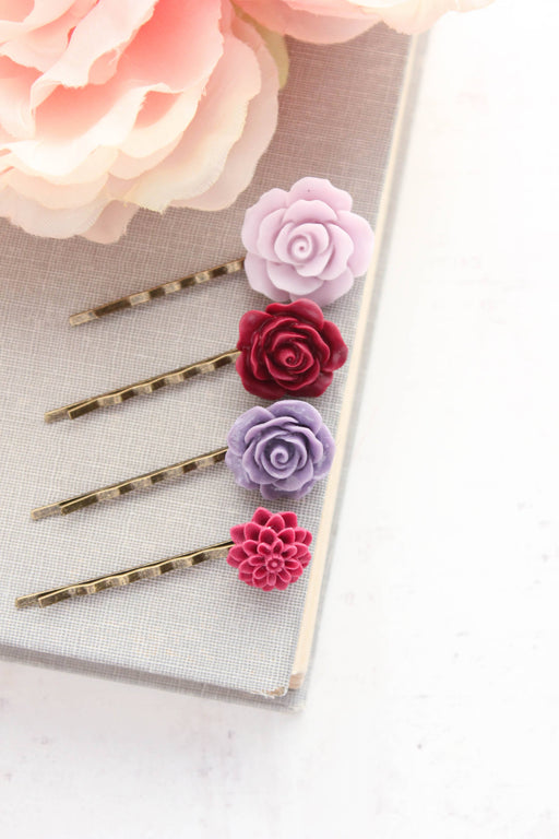Floral Bobby Pins - Purple and Maroon Roses